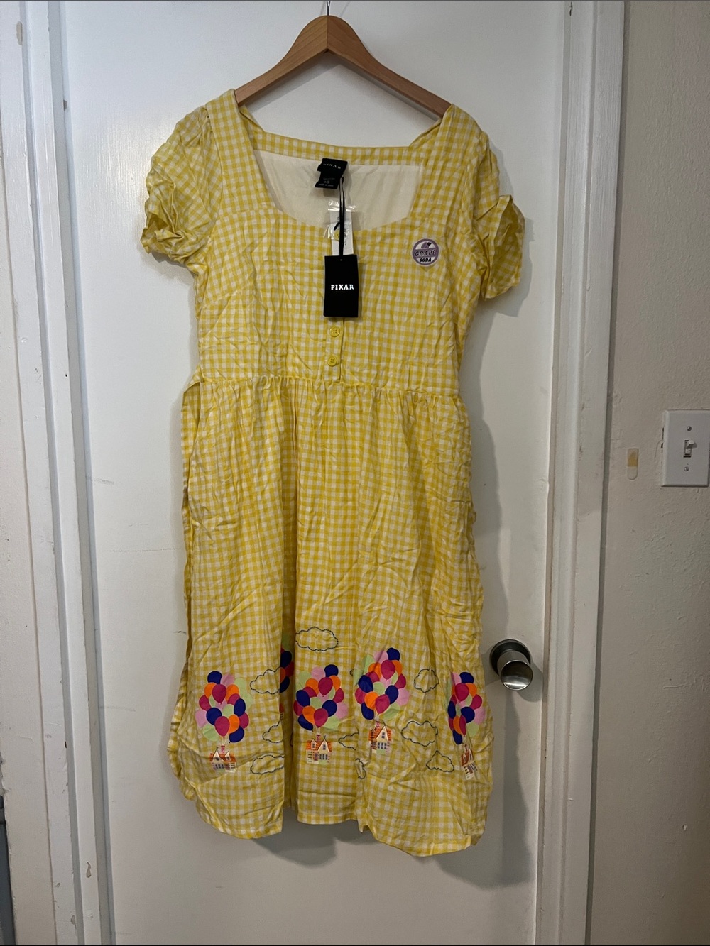 Disney Pixar Up Yellow Gingham Balloon Print Women’s Dress
